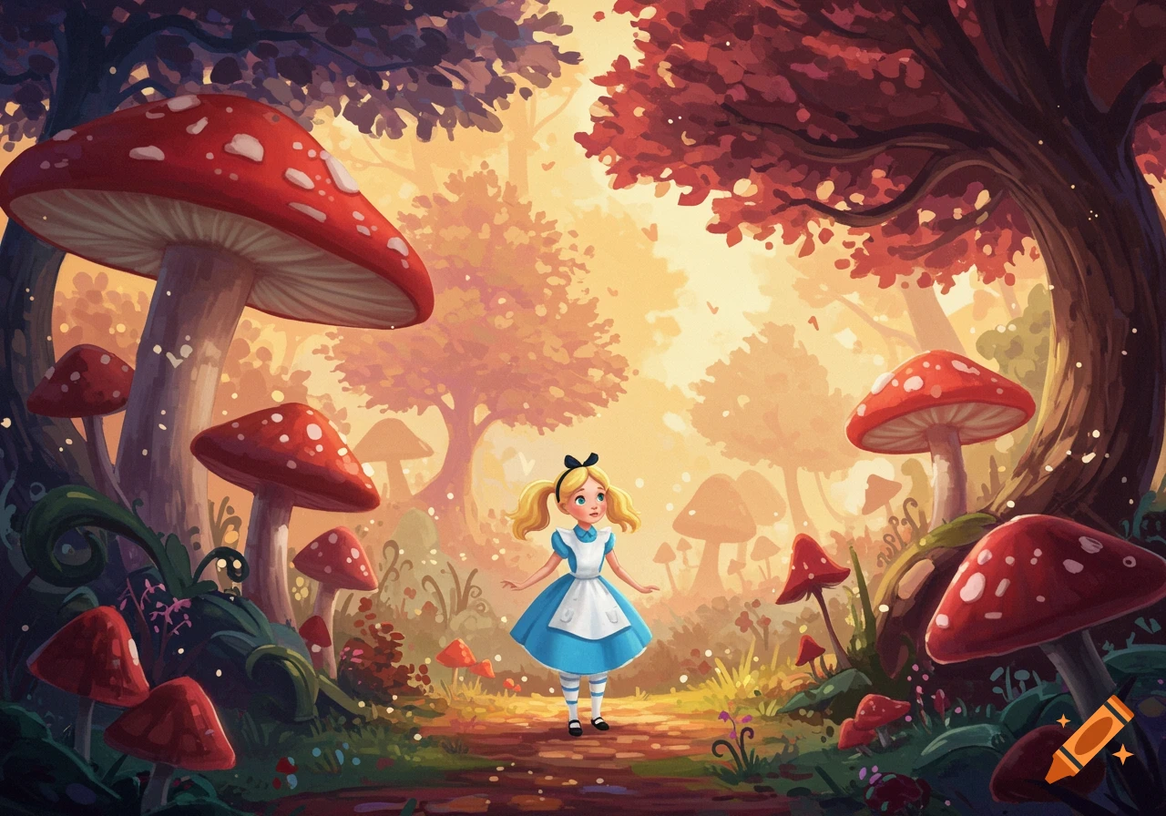 Alice stands in a vibrant fantasy forest filled with large red mushrooms.