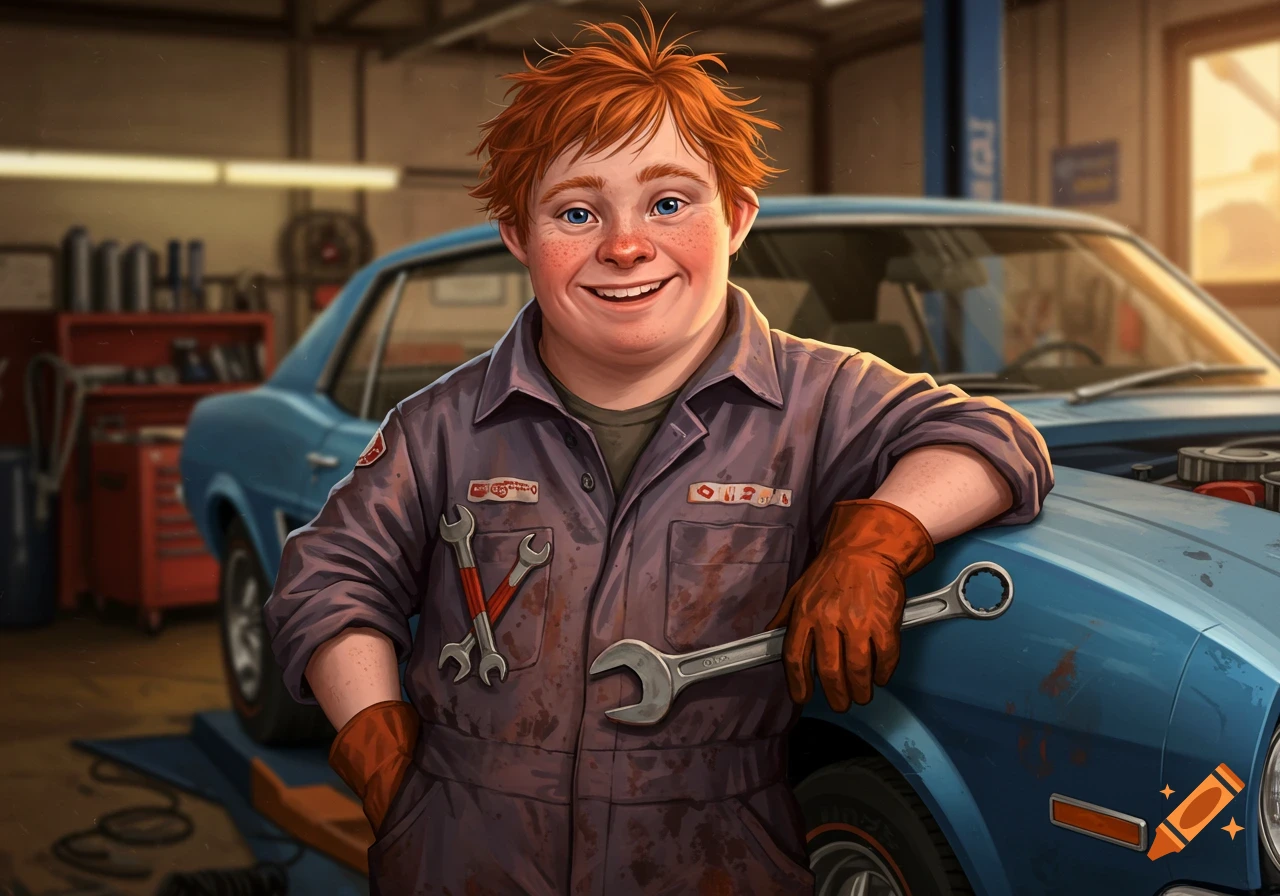 Illustration of a young redhead mechanic in overalls holding wrenches, leaning on a blue car in a garage.