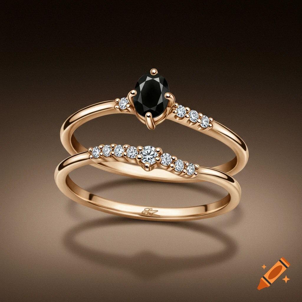 Two rose gold rings with diamonds and a black oval stone on a brown background.