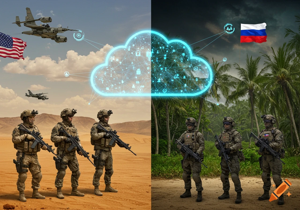 Two groups of soldiers in different landscapes (desert and jungle) with US and Russian flags connected by a cloud network icon.