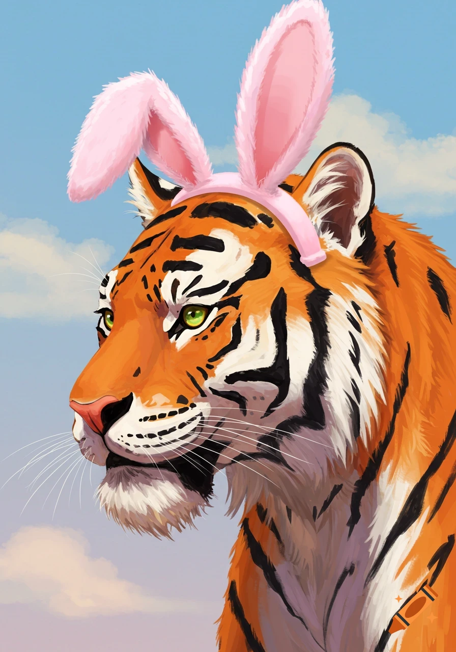 Digital painting of a tiger wearing pink bunny ears looking left against a sky background