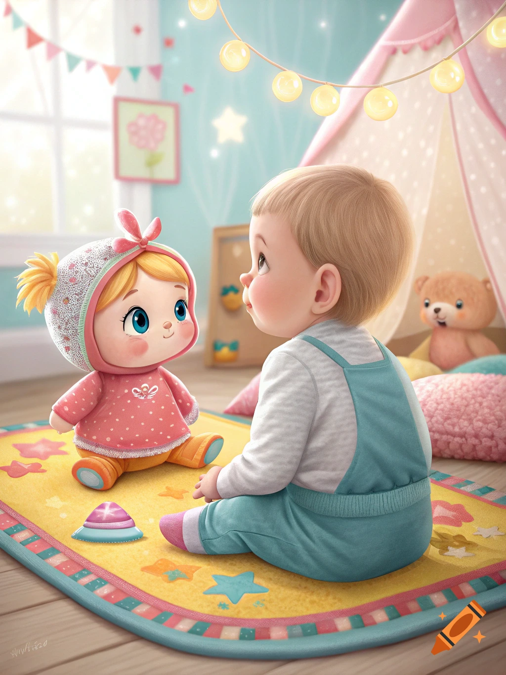 A baby and a doll-like toy sit on a yellow rug in a bright nursery.