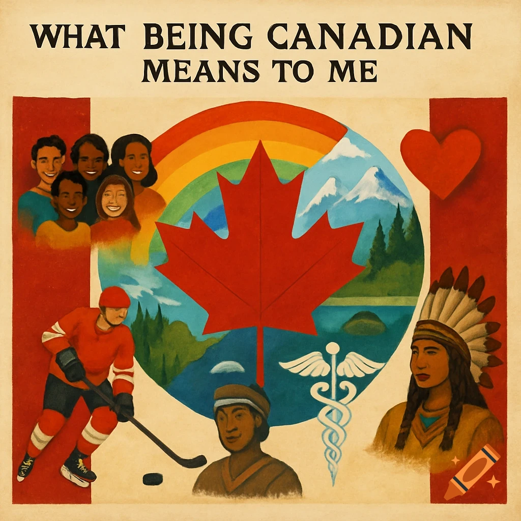 Illustration depicting symbols of Canadian identity: a maple leaf, diverse people, a hockey player, Indigenous people, mountains, a lake, a rainbow, a heart, and a medical symbol. Text at the top reads "WHAT BEING CANADIAN MEANS TO ME".