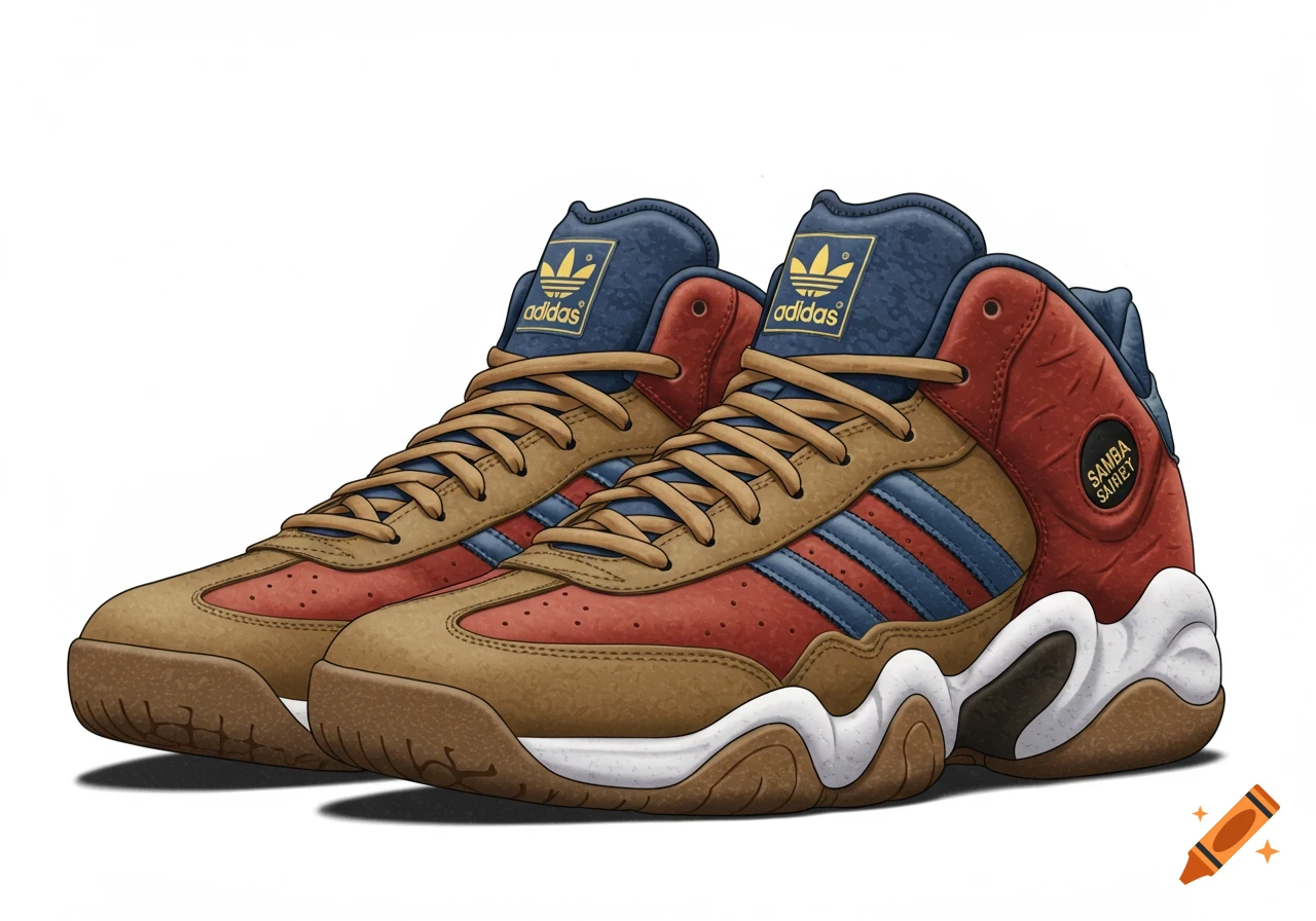 Illustration of a pair of brown and red Adidas sneakers with blue stripes.
