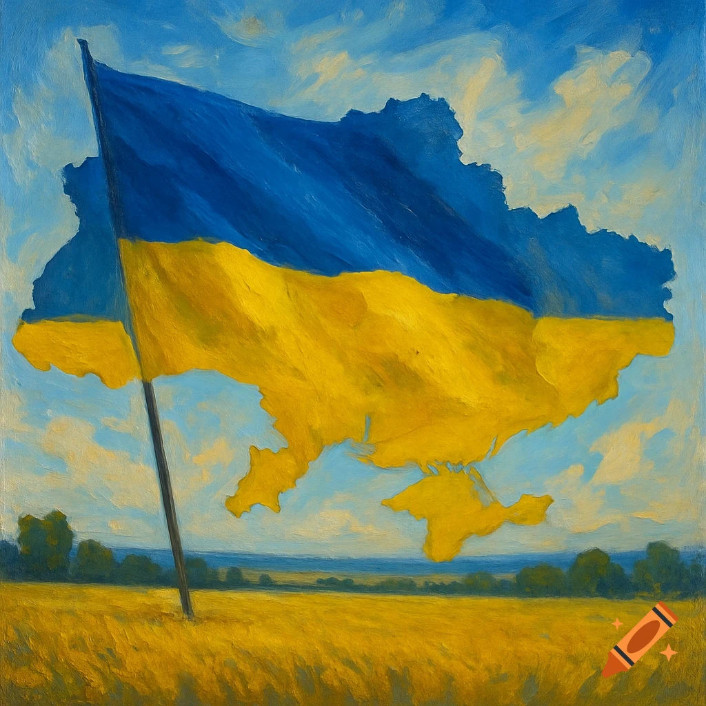 Oil painting of the Ukrainian flag shaped like the map of Ukraine over a field landscape.