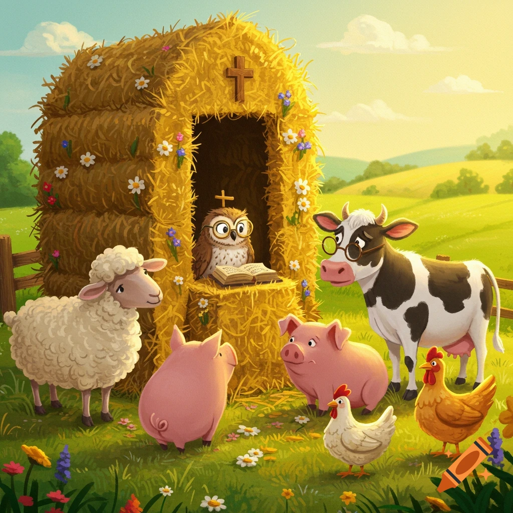 Cartoon farm animals listen to an owl reading a book in a hay structure with a cross.