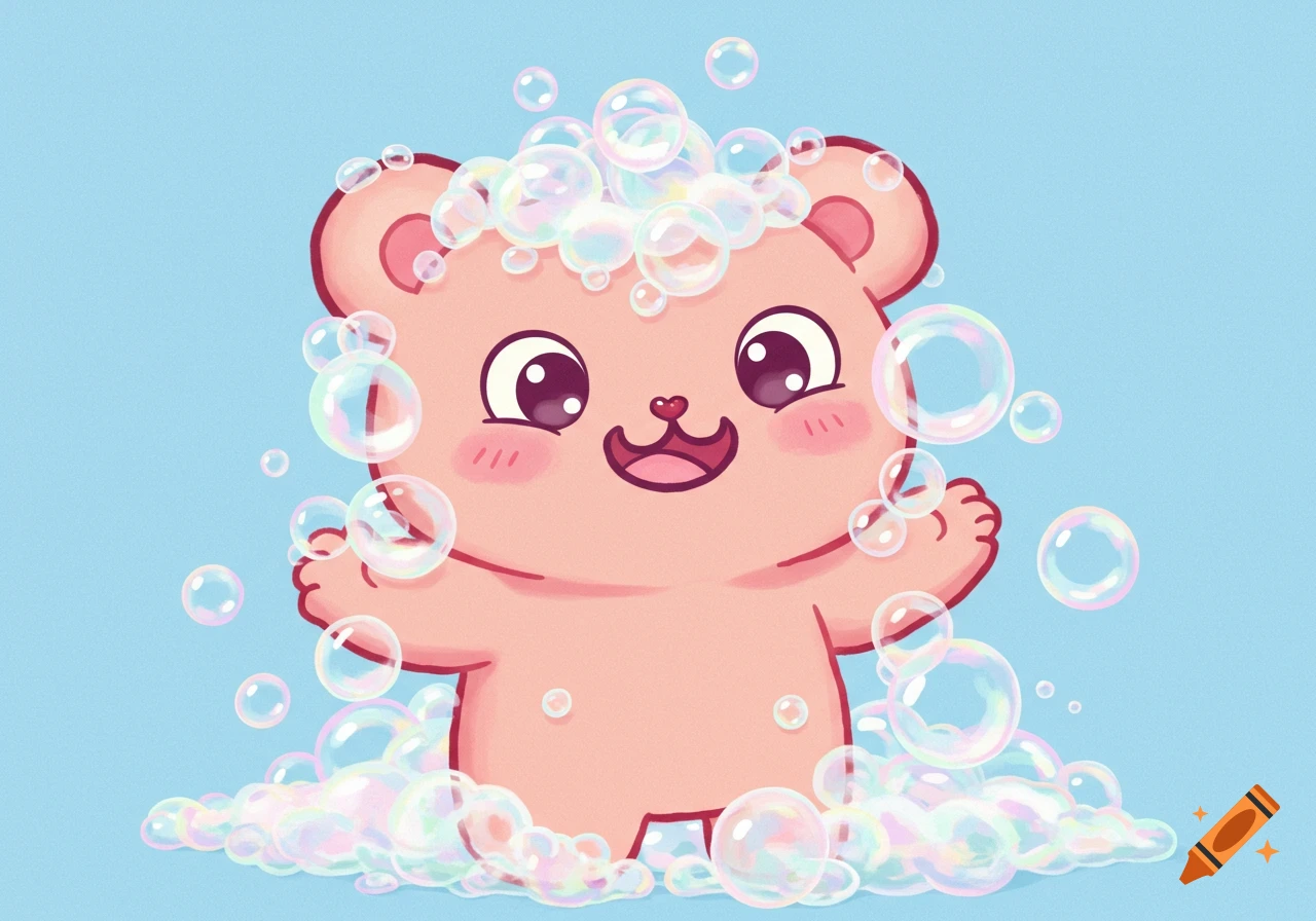 A cute pink cartoon bear covered in soap bubbles on a blue background.