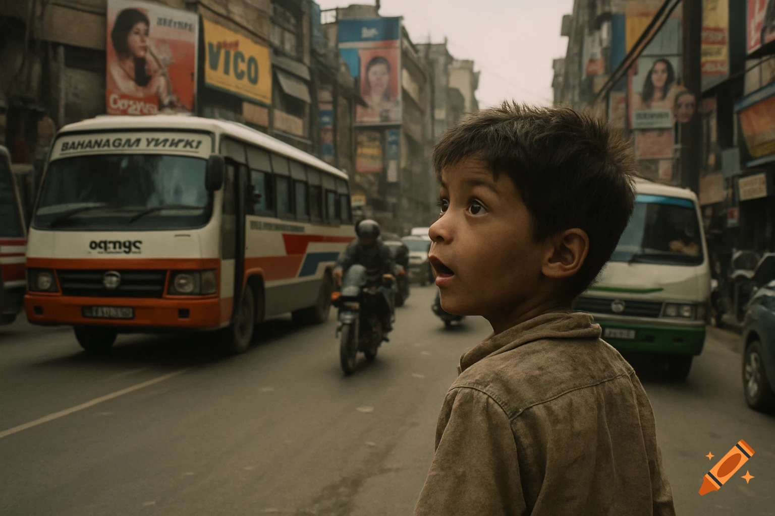 Young boy looks amazed on a busy city street with buses and billboards.