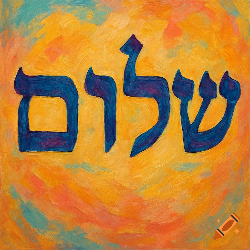 The Hebrew word Shalom written in bold blue painted letters on a textured orange and yellow background.
