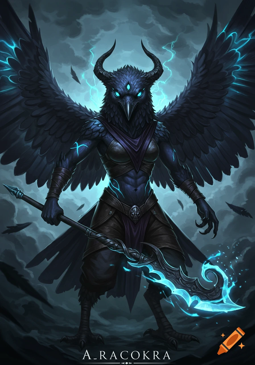 A horned, 3-eyed raven-like creature (Aaracokra) in armor holds a glowing spear, digital art.