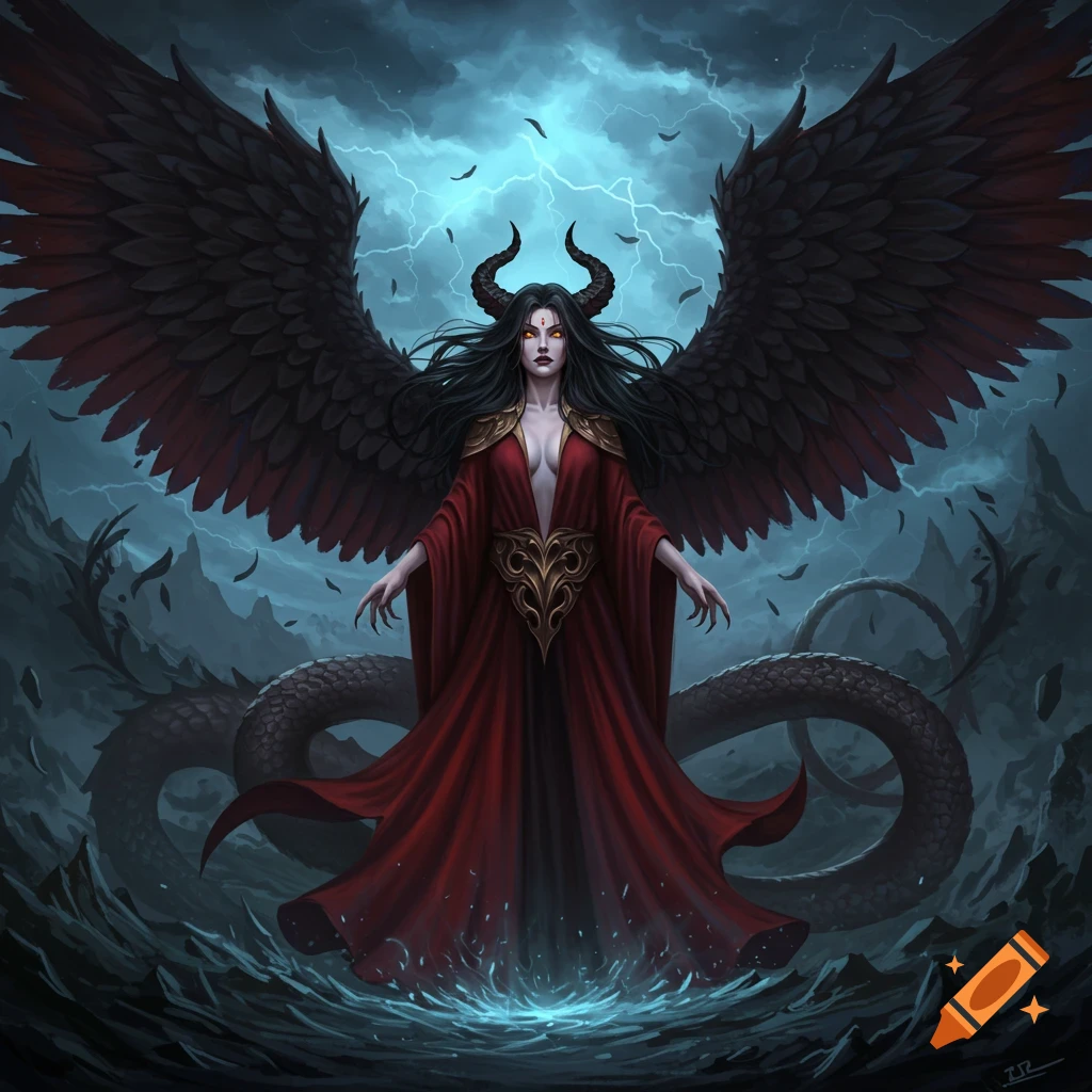 A dark fantasy illustration of an evil goddess with large black wings and horns standing in a stormy landscape.