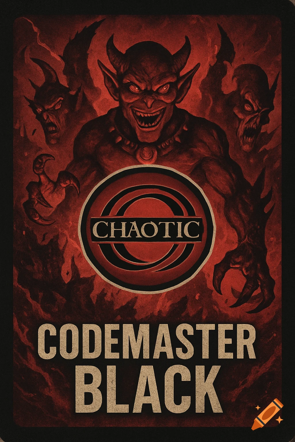Red and black illustration of a devilish creature with horns and claws, with two others behind it. A circular logo reads 'CHAOTIC', and text below reads 'CODEMASTER BLACK'.
