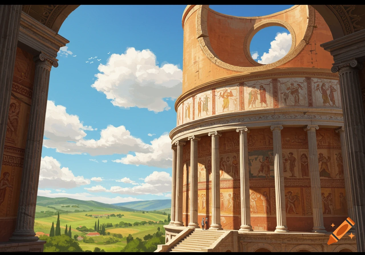 Roman-style cylindrical building with frescoes and a circular roof opening, overlooking a landscape of hills and fields.