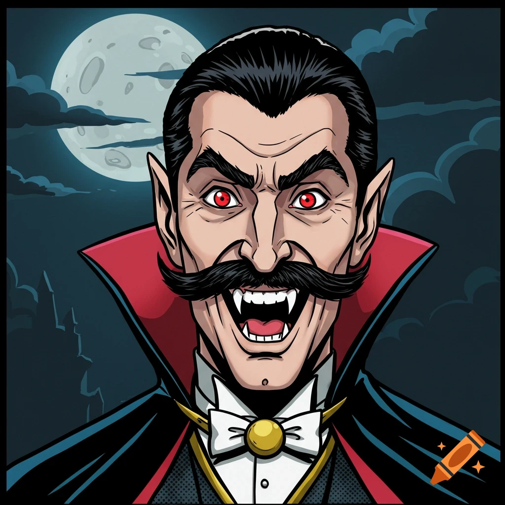 Comic portrait of Dracula with fangs and a moustache against a dark sky with a full moon.