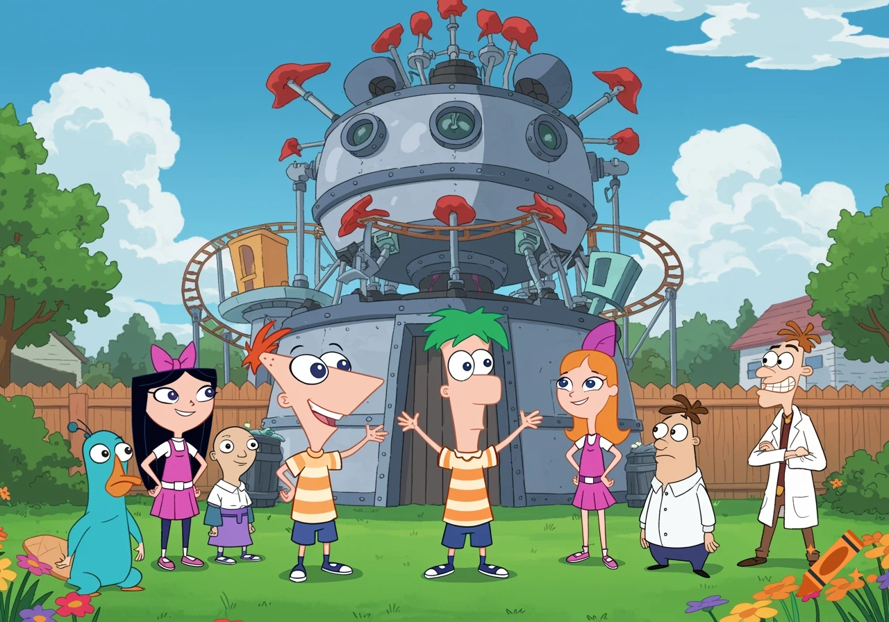 Characters Phineas, Ferb, Candace, Isabella, Baljeet, Perry the Platypus, and Dr. Doofenshmirtz stand in a backyard in front of a large machine.