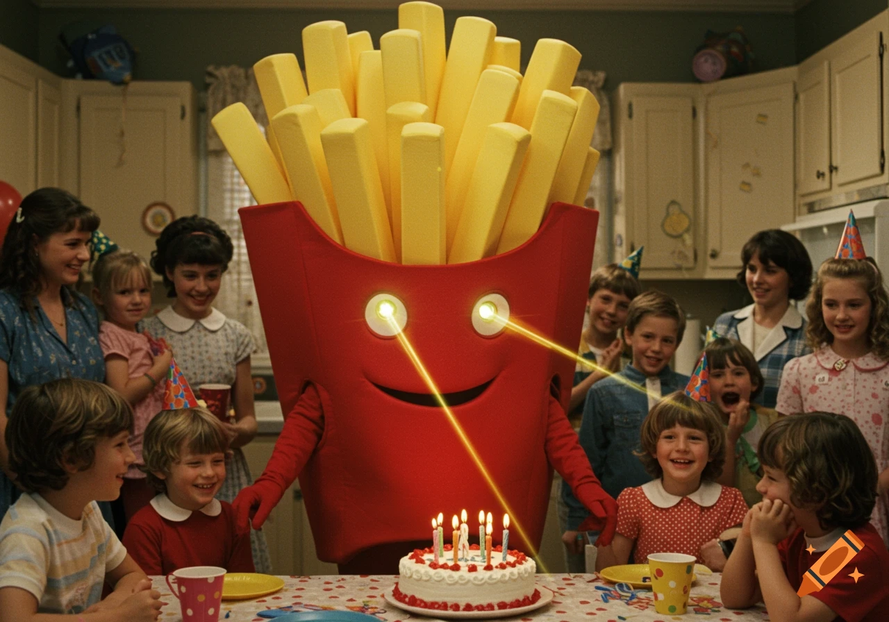 Person in French fry costume with laser eyes at 1980s children's birthday party.