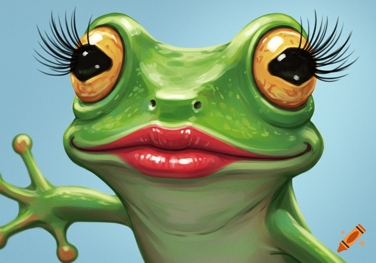 Close-up illustration of a cartoon green frog with long eyelashes and red lipstick.