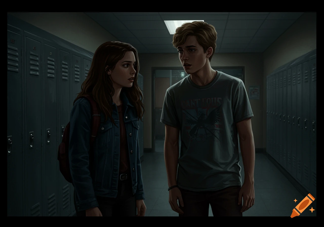 Two teenagers talk in a dark school hallway next to lockers in an illustration style.
