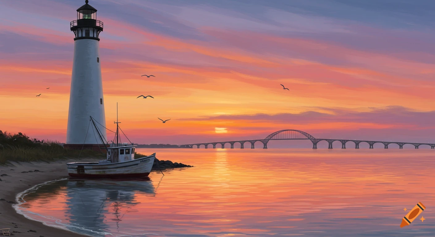 A painted scene of a lighthouse and fishing boat on a sandy shore at dawn, with a bridge in the distance and birds flying.