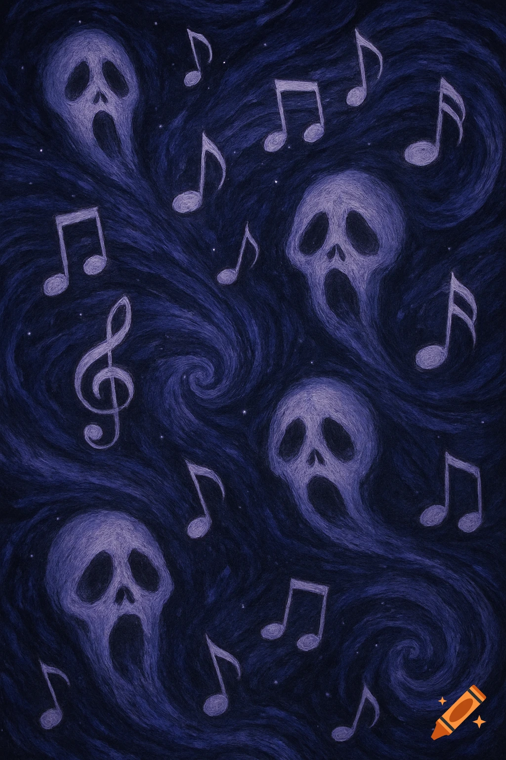 Spooky ghost faces and music notes float in a swirling purple and blue sky, drawing style.