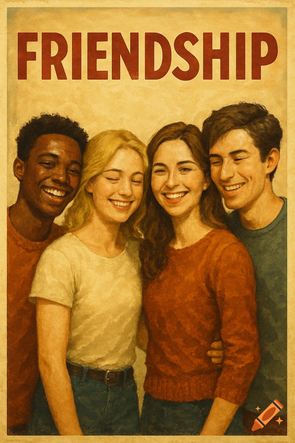 Vintage-style poster of four smiling young people with the word FRIENDSHIP.