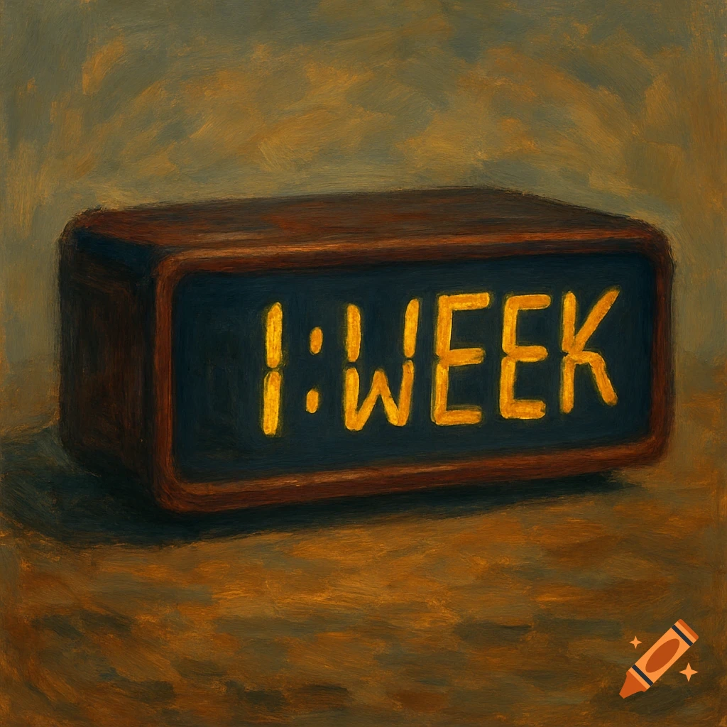 One Week Countdown Clock A digital clock displaying '1: WEEK', rendered in a dark, textured ...