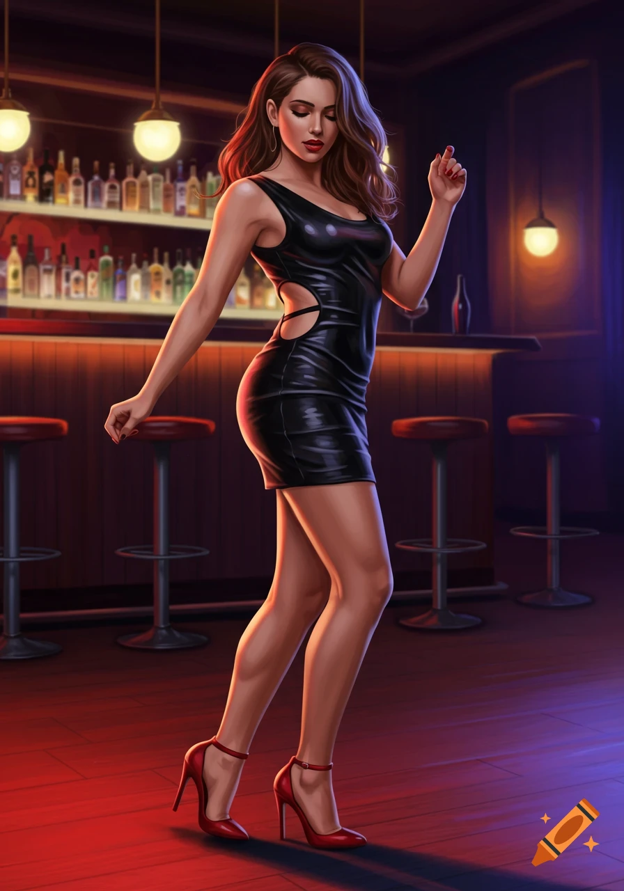 A stylized digital painting of a woman in a short black dress and red heels dancing in a dimly lit bar.