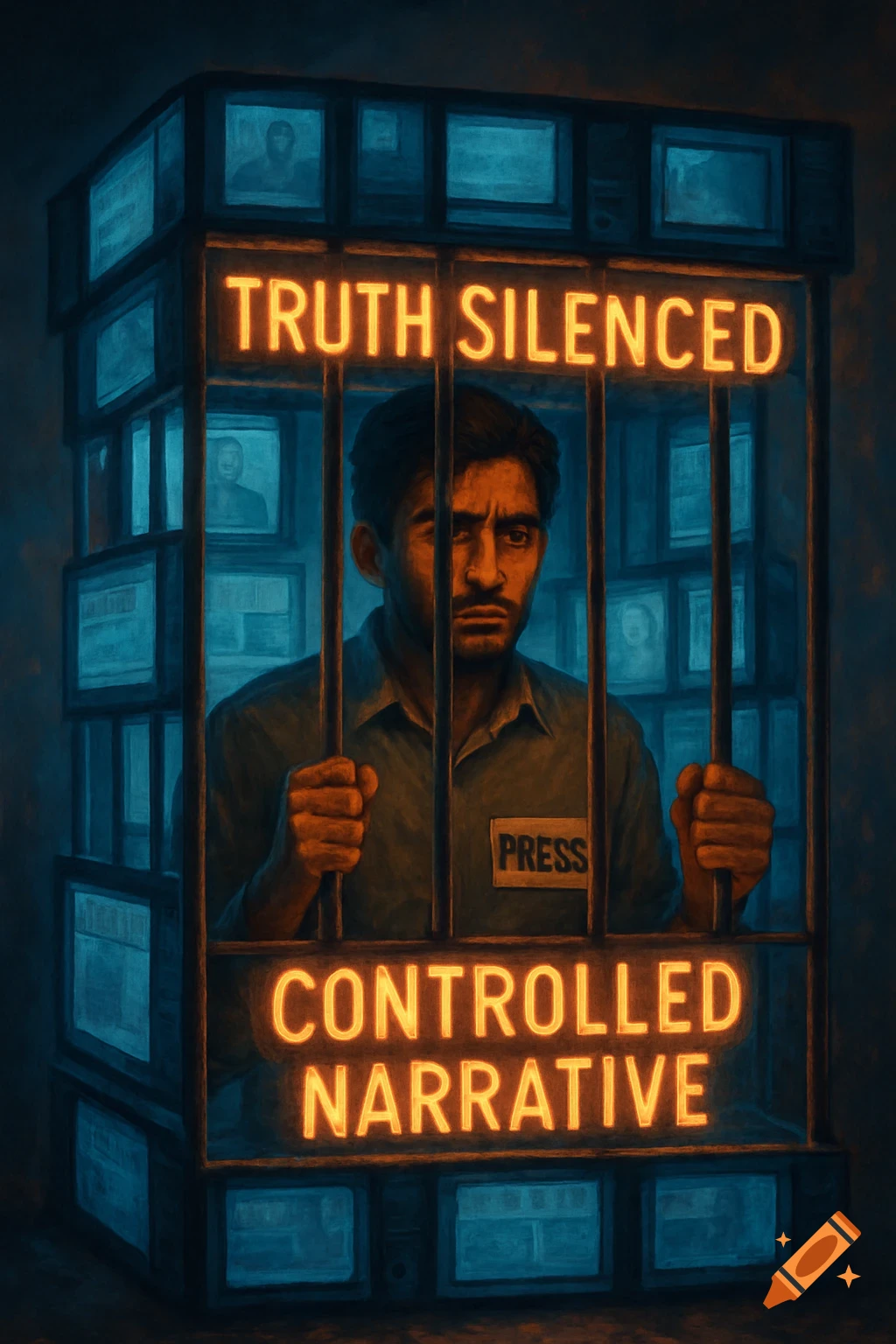 Dark illustration of a journalist in a cage made of TV screens with glowing text 'Truth Silenced' and 'Controlled Narrative'.