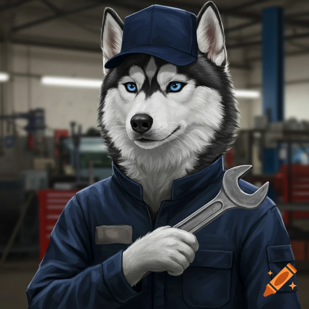 Siberian husky in a mechanic suit holding a wrench