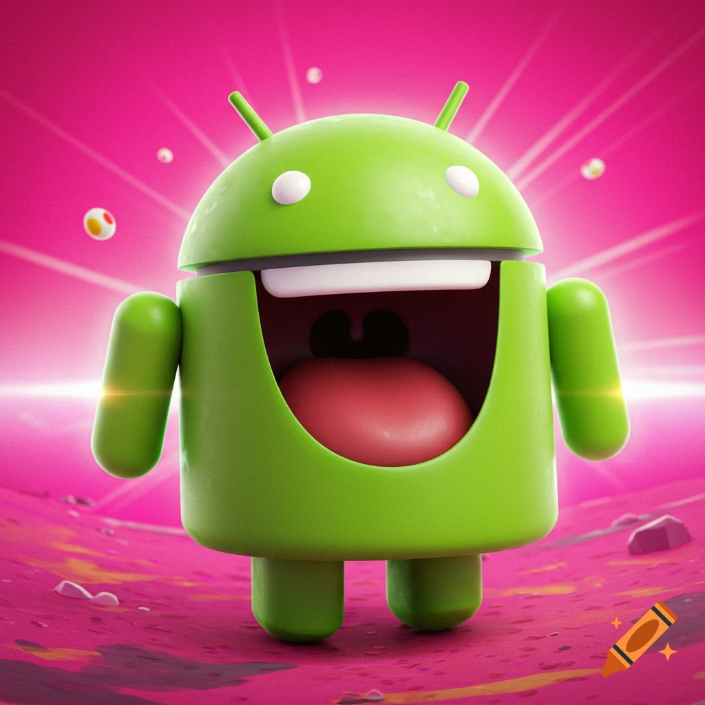 A smiling green Android robot with its mouth open against a pink background.
