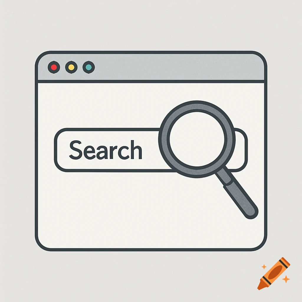 Illustration of a web browser window with a search bar and magnifying glass