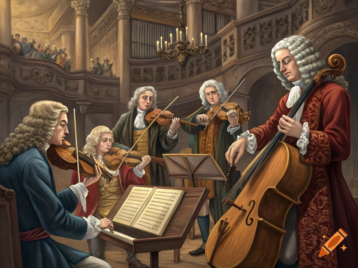 Musicians in historical baroque attire playing cello, violin, and keyboard in a grand hall.