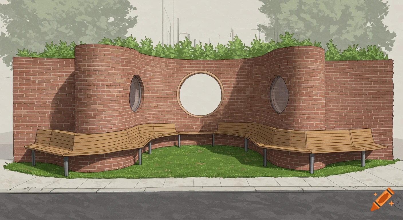 Architectural drawing of a parklet with curved brick walls, circle windows, wooden benches, and grass.