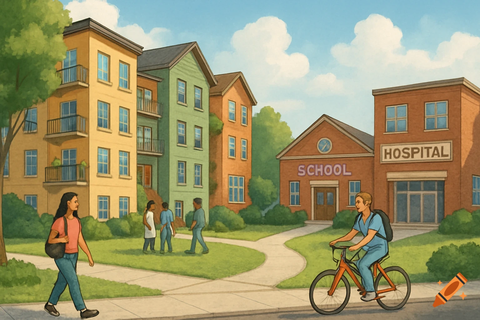 Illustrated scene of people walking and biking past apartment buildings, a school, and a hospital in a community.