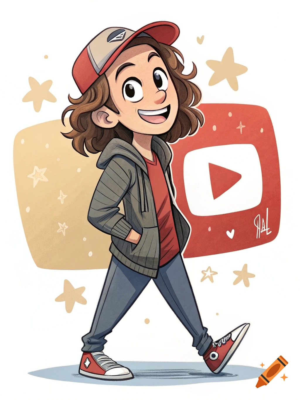 Cartoon illustration of a person walking next to a large YouTube play button logo with stars.
