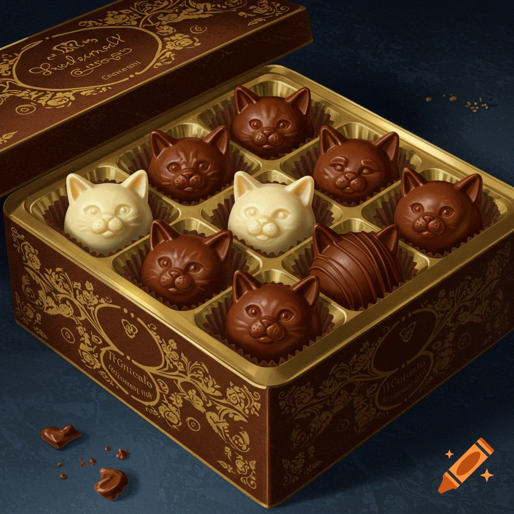A box of cat-shaped milk and white chocolates.