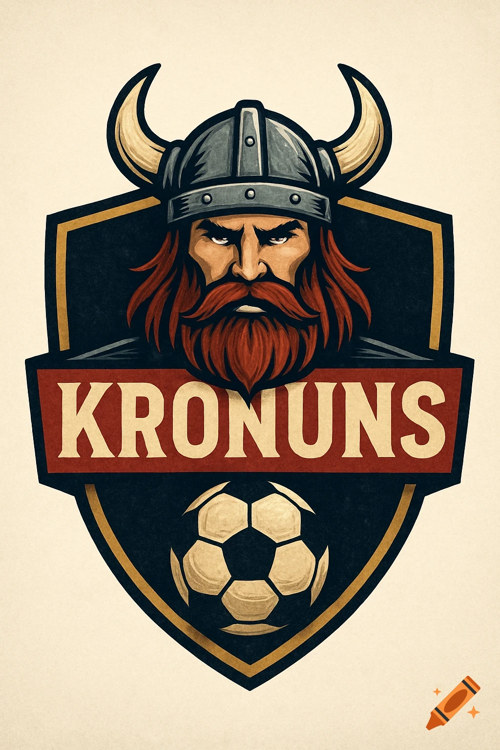 Stylized sports logo featuring a viking face with horned helmet, a shield, and a soccer ball below the text 'KRONUNS'.