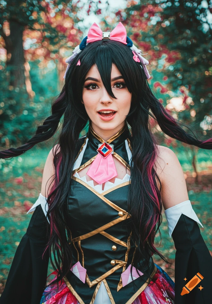Young woman in black, pink, and gold cosplay outfit smiling outdoors.