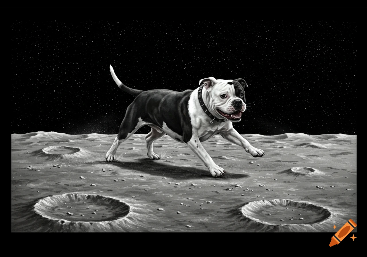 An American Bulldog runs across the surface of the moon with stars in the background.
