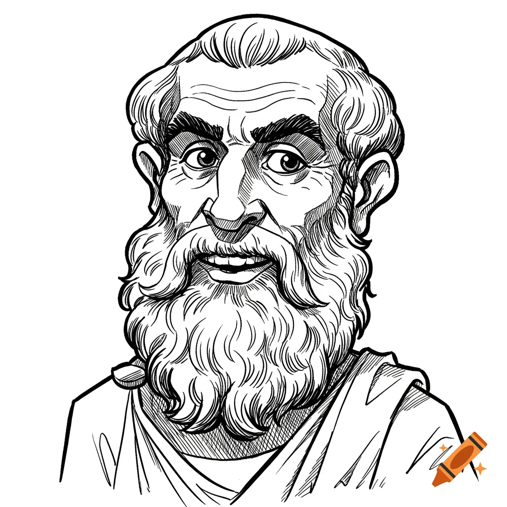 Black and white ink caricature drawing of a bearded historical figure wearing a toga.