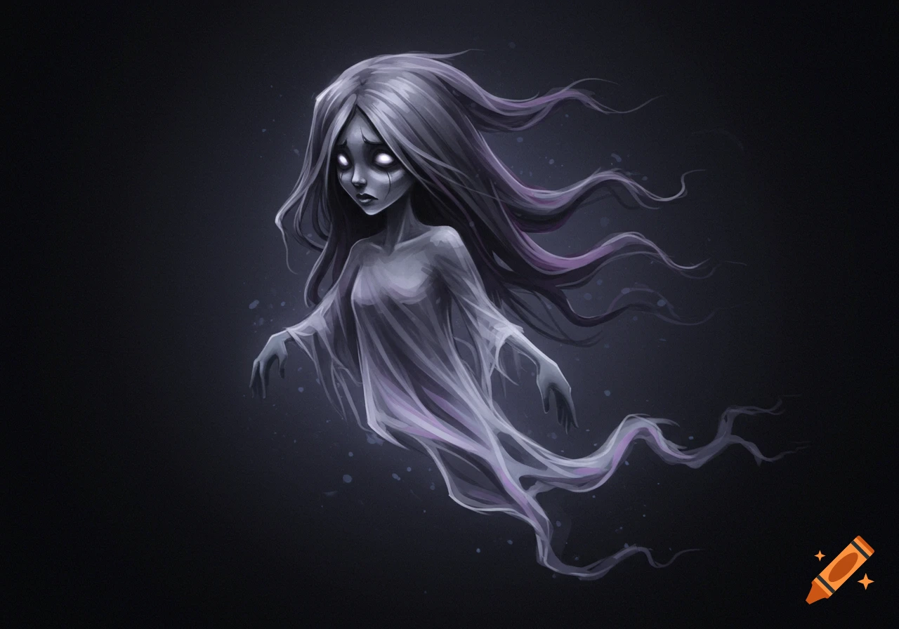 A stylized illustration of a floating ghost girl with flowing hair.