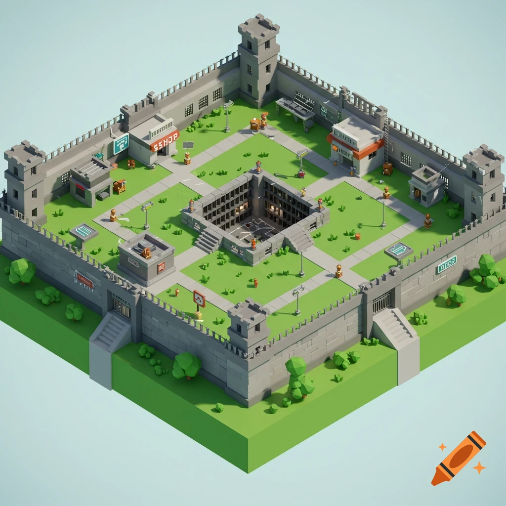 Isometric low-poly stylized prison complex with courtyard, buildings, and walls.