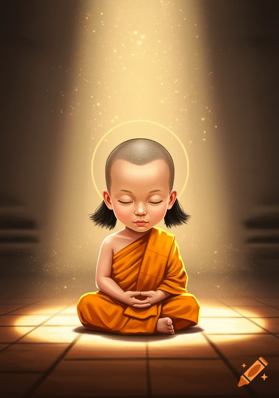Illustration of a child monk meditating with a mullet haircut and halo in a golden, spiritual setting.