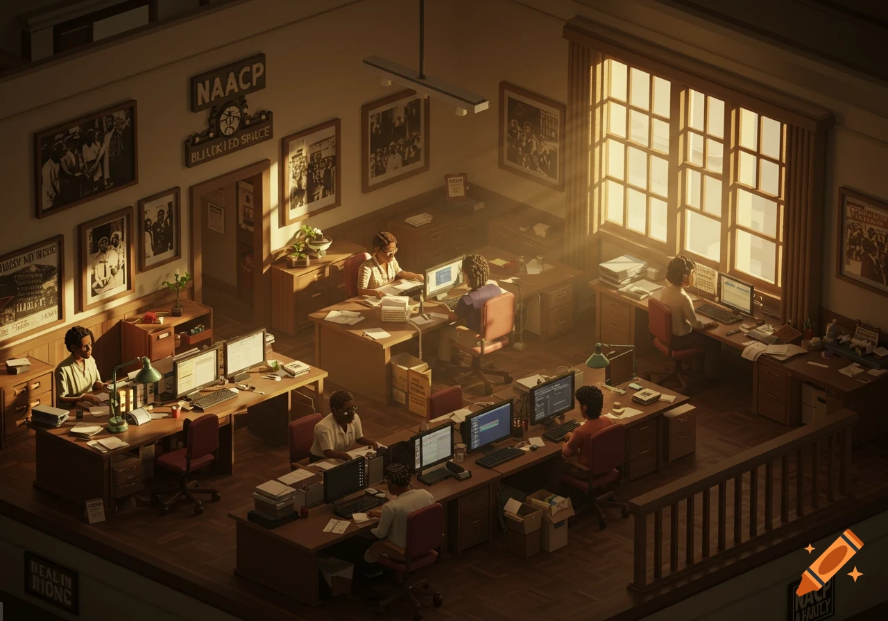 Isometric view of a busy NAACP office with staff working at desks, sunlight streaming through a large window.