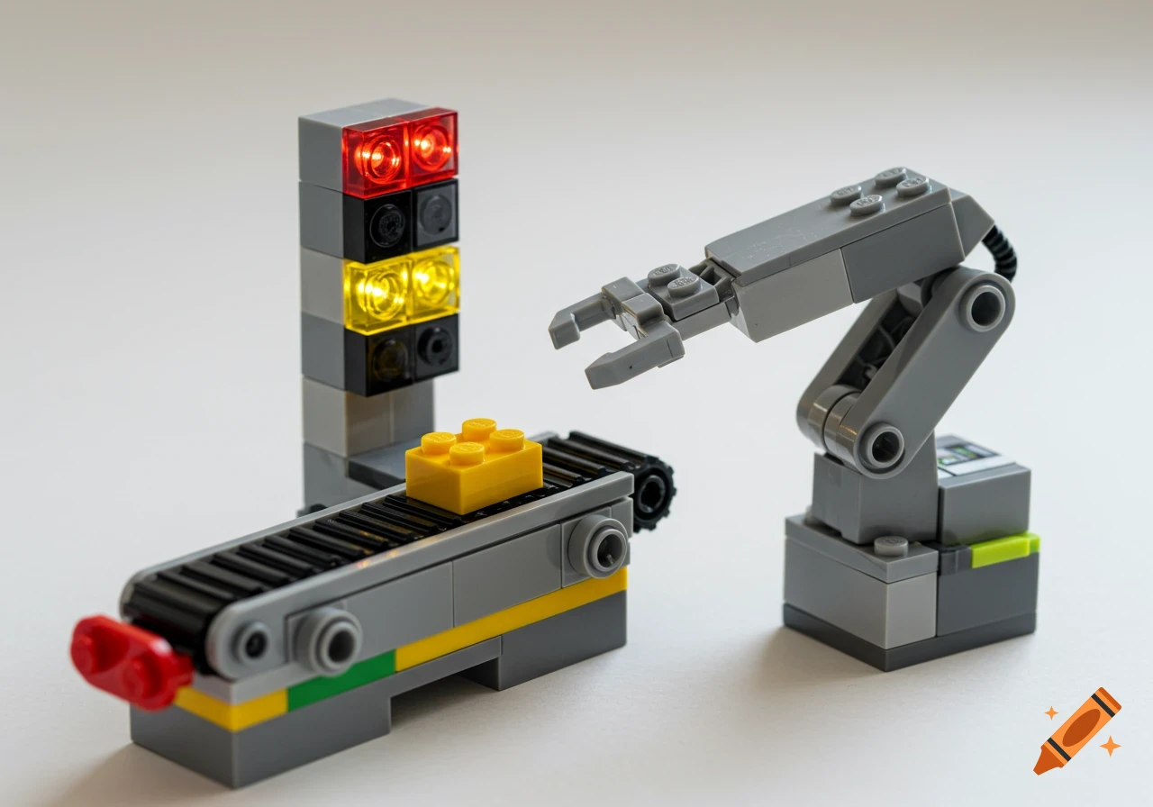 A macro photo of a Lego conveyor belt with a robotic arm reaching for a yellow brick, next to a stack light.
