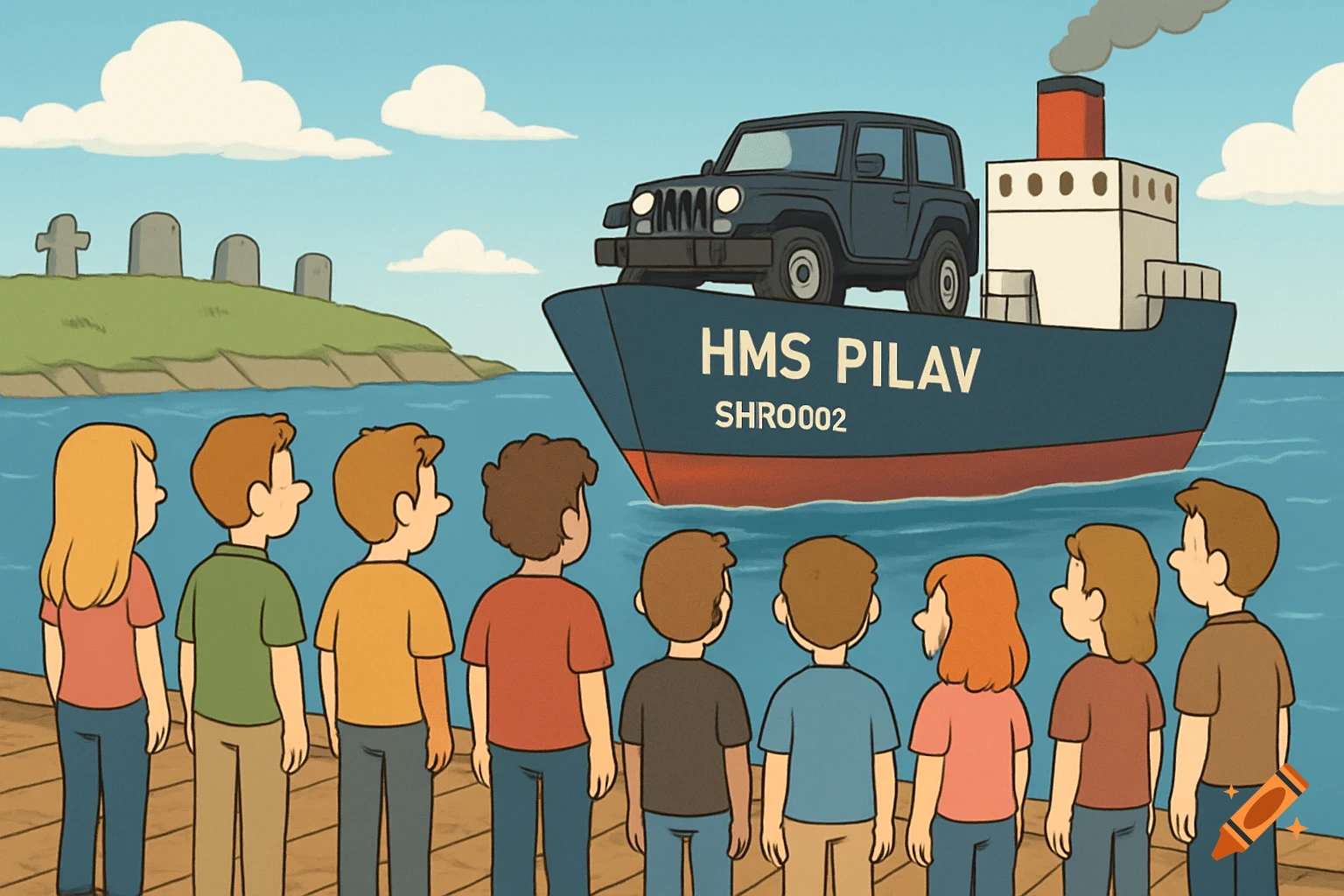 Cartoon of people on a dock watching a ship carrying a jeep, with graves in the background.