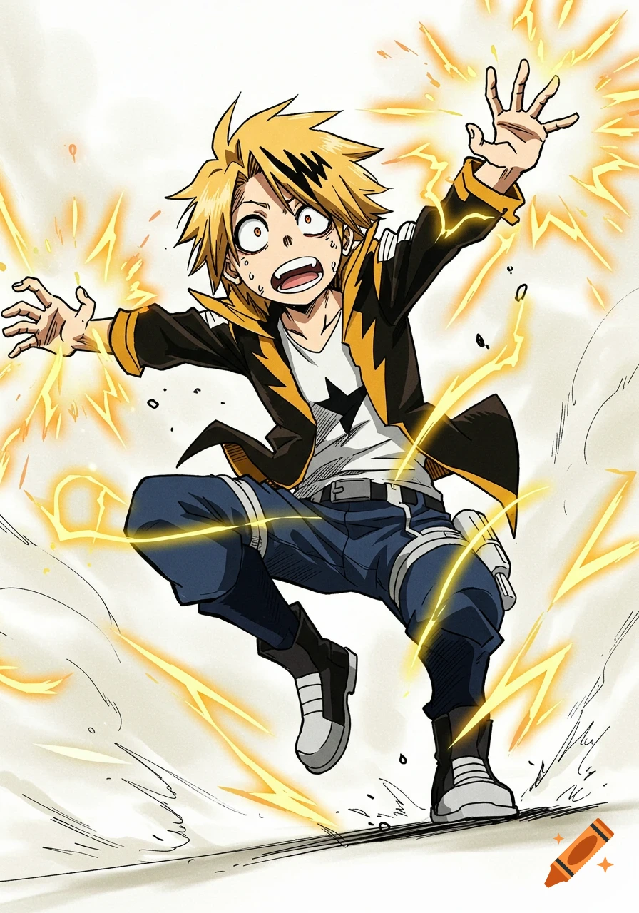 Anime illustration of Denki Kaminari surrounded by electricity in a dynamic pose.