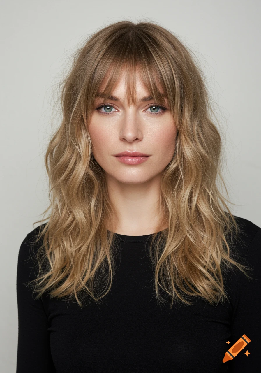 A close-up portrait of a woman with long blonde wavy hair and bangs.