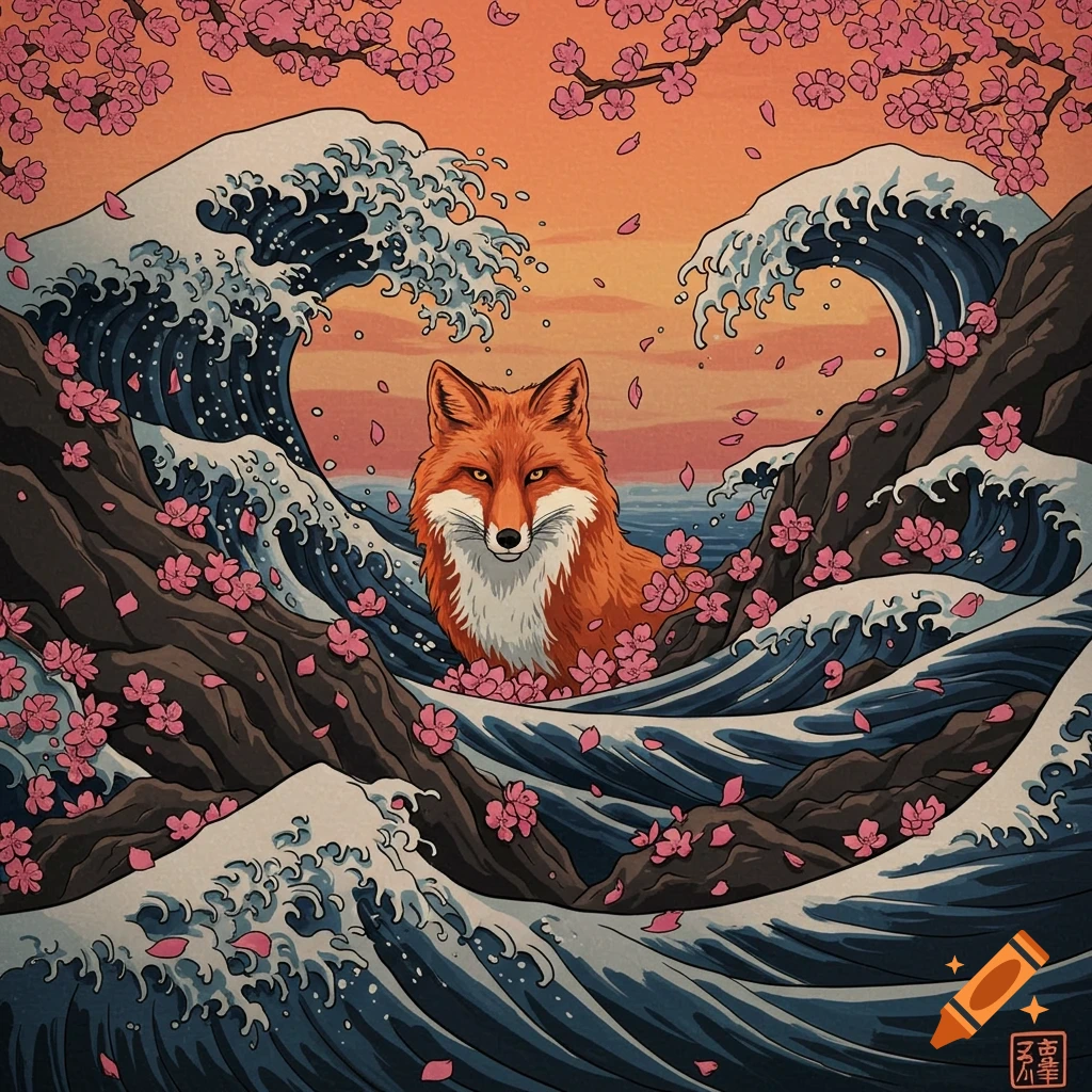A fox surrounded by large waves and cherry blossoms, in the style of a Japanese woodblock print.