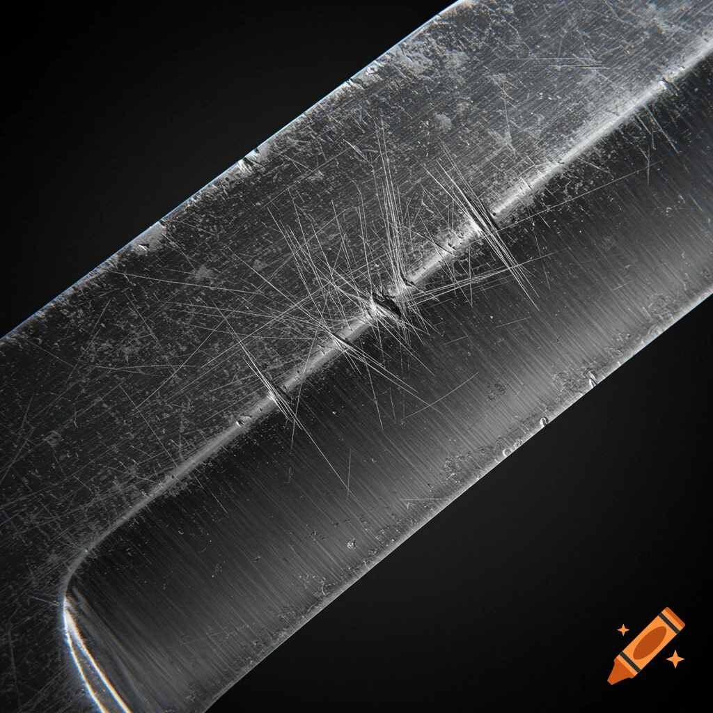 Macro shot of a heavily scratched knife blade.